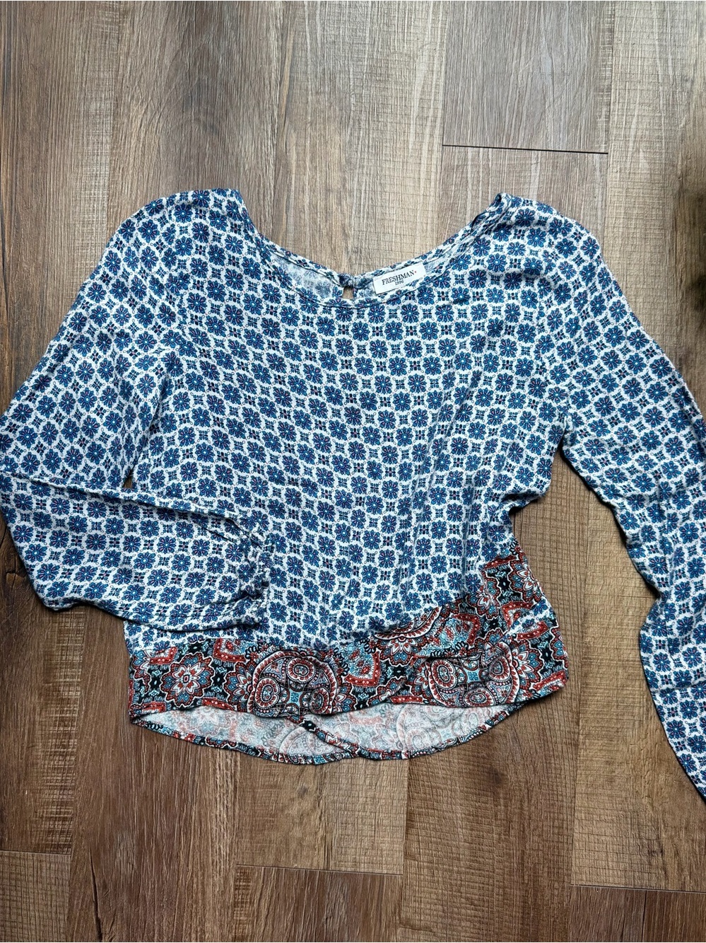 Freshman Blue Printed Long-Sleeve Blouse with Paisley Hem